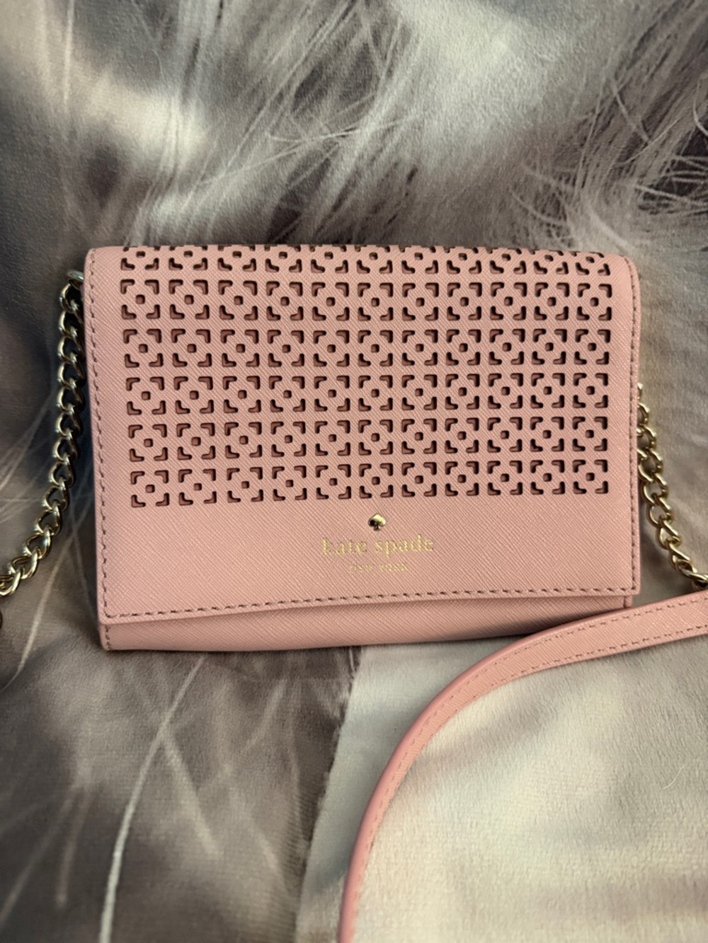kate spade light pink perforated leather crossbody with gold chain